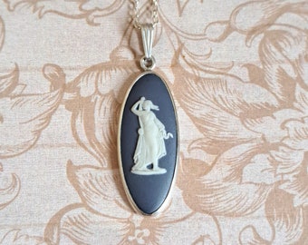 Vintage Portland Blue Navy Wedgwood Jasperware Pendant Hygieia Goddess of Health Cameo Fully HM 1970s Sterling Silver, New Chain, Gift Boxed