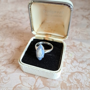 Vintage Wedgwood Cameo Ring Light Blue Jasperware, Sterling Silver 925 c1960s, Marquise Navette Classical Hope & Anchor Optional Vintage Box