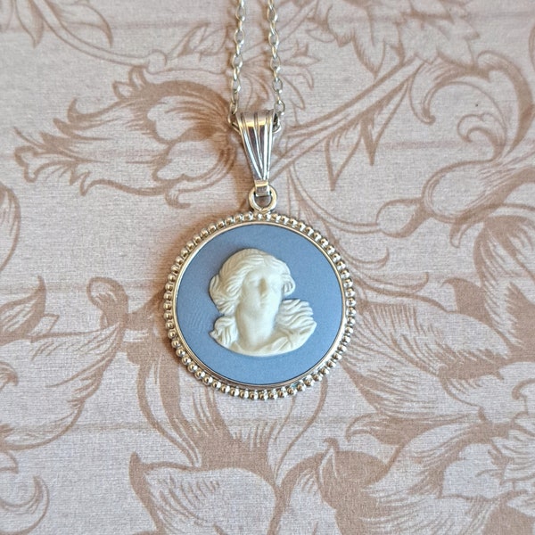 Vintage Wedgwood Blue Jasperware Cameo Pendant Classical Muse, 1748 Georgian Design, Sterling Silver, New 925 Chain, 1950s-80s, Gift Boxed