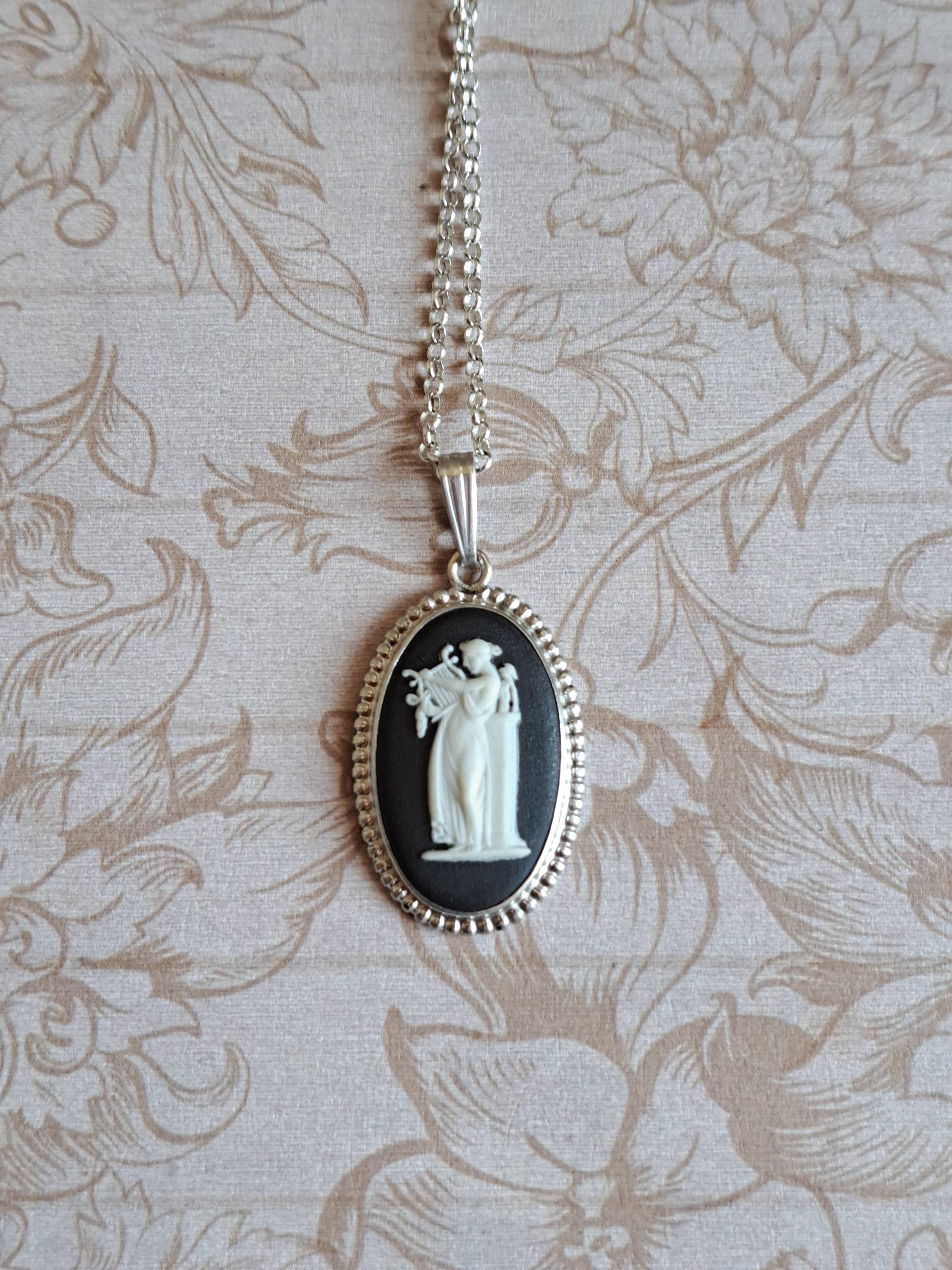 Vintage Wedgwood Black Cameo Jasperware Pendant, Sterling Silver