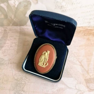 Terracotta Wedgwood Jasper Brooch Large Oval Cameo, 18KGP Sterling Silver Fully HM 1982 Classical Hope and Anchor, Option Original Box