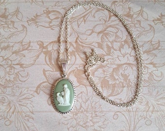 Vintage Wedgwood Sage Green Hebe & The Eagle Greek Myth Jasperware Oval Cameo Pendant Sterling Silver, Silver 925 Chain, 60s-70s, Gift Boxed