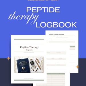 May include: A logbook titled "Peptide Therapy Logbook" in blue and white, with a matching journal and pen. The image also includes the text "Designed by CMA" and "Peptide Therapy Logbook". The logbook is designed to track wellness.