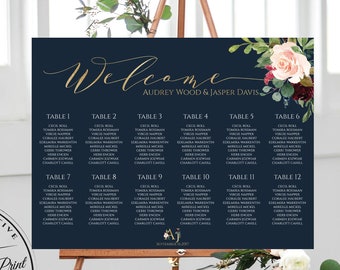Rustic Wedding Seating Chart Sign,Navy and Gold Find Your Seat Sign,Blush Watercolor Flowers Wedding Signage,Boho Wedding Calligraphy Font
