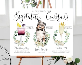Rustic Wedding Cocktail Drinks Sign Dogs, Boho Floral Wreath Signature Drink Sign Pet, Eucalyptus Wreath Bar Sign, Wedding Signage Printable