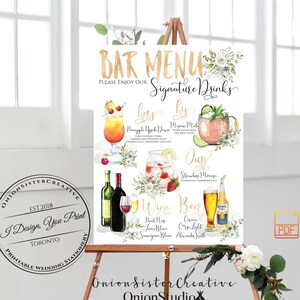 Menú de barra de boda rústica imprimible, signo de barra de boda personalizado, signo de bebida de firma de boda boho, flores de acuarela señalización de boda hoja de oro