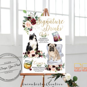 Burgundy Wedding Signature Cocktail Drinks Sign Dogs, Rustic Wedding Signs Pets, Printable Wedding Bar Menu Sign, Watercolor Wedding Signage