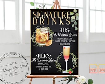 Wedding Signature Drink Sign Printable, Boho Wedding Signature Cocktail Drinks Table Signs, Greenery & Gold Wedding Signages, Wedding Bar