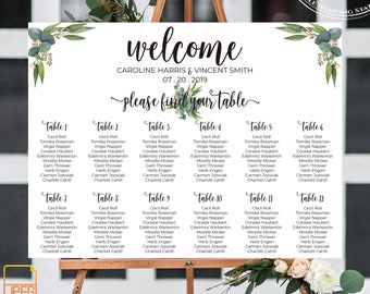Greenery Wedding Seating Chart Sign,Rustic Wedding Find Your Seat Sign,Wedding Reception Seating Arrangement,Script Font,Eucalyptus Wreath