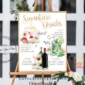 Letrero de barra de boda personalizado, letrero de bebida de firma de boda rústica, letrero de boda bohemio de flores de acuarela, señalización de boda de hoja de oro Pastal