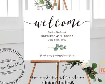 Welcome Sign Wedding,Eucalyptus Wedding Welcome Sign,Rustic Wedding Signs,Custom Welcome To Our Wedding Reception Signs,Letterpress Font