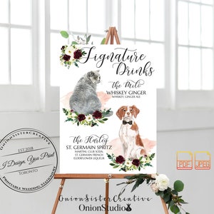 Signo de bebida de firma con mascotas, signo de menú de bebida de boda rústica con perro, signo de barra de boda Boho, signo de boda de flor blanca de Borgoña imprimible