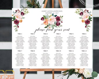 Boho Floral Wedding Seating Chart Sign,Watercolor Flowers Wedding Signage,Rustic Wedding Reception Find Your Seat Sign,Calligraphy Font