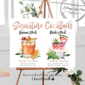 COCKTAIL SIGN, Custom DRINK Sign, Wedding His And Hers Drinks Sign, Custom Watercolor Flowers Wedding Signature Drink Sign Wedding Bar Sign image 2