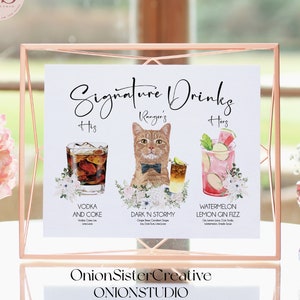 MENU DU BAR POUR ANIMAUX DE COMPAGNIE, Panneau de boissons sur nous, Modèle de menu floral, Boissons de signature imprimables numériques personnalisées Panneau de réception de mariage modifiable