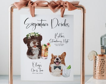 Dog Bar MENU, SIGNATURE COCKTAIL, Flower Bar Sign, Personalized Cat Themed Boho Wedding Signage, Digital Printable Pet Drink Menu