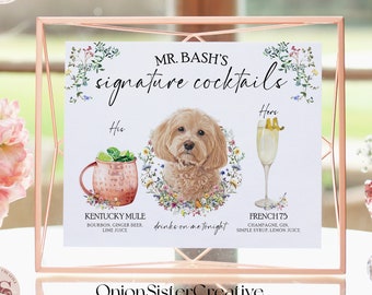 Signature Drink Sign Pets, Wild Flowers Butterfly Wedding Signs, Boho Wedding Signature Cocktail Drinks Dogs, Rustic Wedding Bar Sign