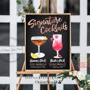 Rose Gold Wedding Signature Cocktails Sign, Wedding Bar Sign, Chalkboard Signature Drink Sign, Printable Wedding Bar Menu, Rustic Wedding Signs