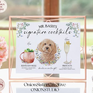 Signature Drink Sign Pets, Wild Flowers Butterfly Wedding Signs, Boho Wedding Signature Cocktail Drinks Dogs, Rustic Wedding Bar Sign
