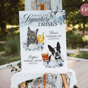 Signature Drink Sign Dog, Blue Flower Wedding Signature Drink Sign Pet Wedding Cocktail Drink Sign Cat, Boho Wedding Pet Bar Menu Signs