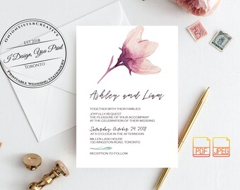 Rustic Wedding Invitation Suite,Printable Wedding Invitation Set,Purple Watercolor Flowers Burgundy Wedding Invites,Calligraphy Font Wedding
