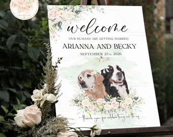 Custom Wedding Welcome Sign Pet, Welcome Wedding Sign dogs, Boho Wedding Decor Cat, White Flower Greenery Gold Foil, Pet Digital Portrait