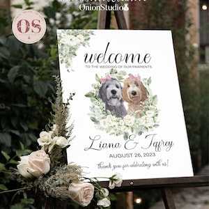 Custom Wedding Welcome Sign Pet, Welcome Wedding Sign dogs, Boho Wedding Decor Cat, White Flower Greenery Gold Foil, Pet Digital Portrait