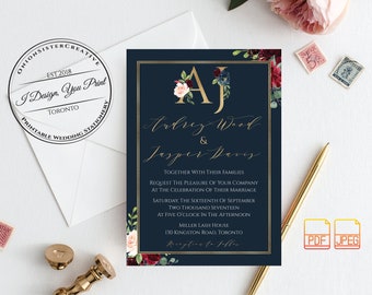 Navy Wedding Invites,Printable Wedding Invitation Set,Gold Wedding Monogram Logo Wedding Cards,Rustic Wedding Invites,Calligraphy Font
