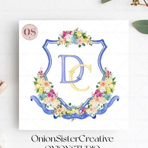 Logotipo personalizado del monograma de la cresta de la boda con mascotas, descarga digital de la cresta de la boda de la acuarela, logotipo inicial de la invitación de la cresta floral de la boda