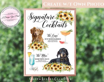 Sunflower Wedding Signature Drinks Sign Pet, Boho Wedding with Dogs Printable, Custom Wedding Signage, Peronalized Wedding Signs