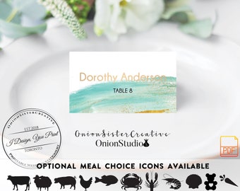 Beach Wedding Printable Place Cards,Turquoise and Gold Foil Font,Modern Wedding Watercolor Ombre Place Cards,Wedding Seating Arrangement