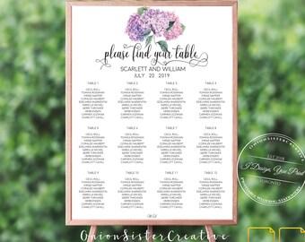 Boho Floral Wedding Seating Chart Sign,Hydrangea Watercolor Flowers Wedding Signage,Wedding Reception Find Your Seat Sign,Calligraphy Font