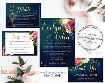 Navy Wedding Floral Invitation Printable Wedding,Elegant Wedding Invitation Suite Template,Gold Foil Font Calligraphy Wedding Stationery