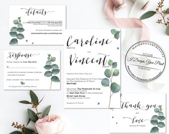 Eucalyptus Leaves Wedding Invitation Printable,Rustic Wedding Invites Template,Modern Calligraphy Font Greenery Wedding Invitation Suite