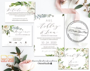 Rustic Wedding Invitation Suite,Watercolor Flowers Wedding Invitations,Printable Wedding Invitation,Calligraphy Font Greenery Wedding Card