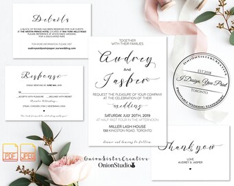 Rustic Wedding Invitation Set,Black and White Wedding Invitations,Printable Wedding Invitation Suite,Script Font Minimal Wedding Invites