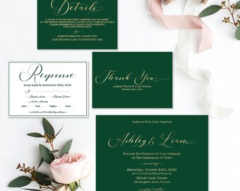 Emerald Green and Gold Wedding Invitation Printable,Wedding RSVP Cards,Personalized Stationery Set,Gold Foil Modern Calligraphy Font