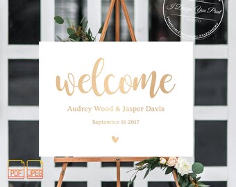 Gold Foil Welcome Sign Wedding,Rustic Wedding Signs,Custom Welcome To Our Wedding Reception Sign,Script Font,DIY Wedding Welcome Sign