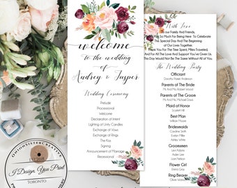 Burgundy Wedding Ceremony Program,Watercolor Flowers Boho Wedding Program,Rustic Wedding Invitation Set,Calligraphy Font Wedding Itinerary 