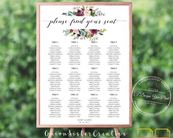 Boho Floral Wedding Seating Chart Sign,Greenery Wedding Signage,Wedding Reception Find Your Seat Sign,Calligraphy Font,Printable Wedding