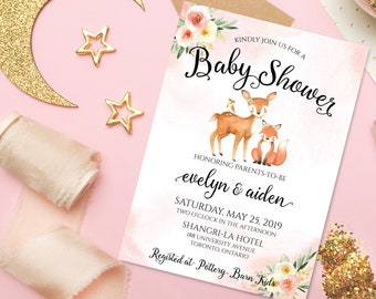 Animal Baby Shower Invite,Woodland Baby Shower Invitation Printable,Forest Baby Shower Invitation Template,Watercolor Ombre,Calligraphy Font