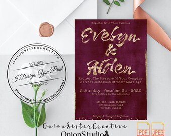 Burgundy Wedding Invitation Set,Printable Wedding Invitation,Gold Foil Wedding Invites,Letterpress Font Wedding Card,Rustic Wedding Suite