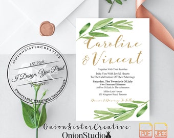 Greenery Wedding Invites,Printable Wedding Card,Rustic Wedding Invitation Set,Gold Wedding Calligraphy Font,Simple Wedding Invitations