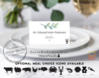 Rustic Wedding Guest Name Cards,Printable Greenery Place Cards with Meal Choice Icons,Centerpieces Table Decor Place Card,Calligraphy Font