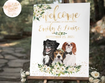 Custom Wedding Welcome Sign Pet, Welcome Wedding Sign dogs, Boho Wedding Decor Cat, White Flower Greenery Gold Foil, Pet Digital Portrait