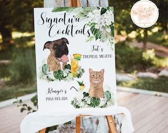 Tropical Wedding Signature Drink Sign Pets, Dogs Bar Menu Sign, Signature Cocktail Drink with Pet, Green Leaves Wedding Table Sign with Cat