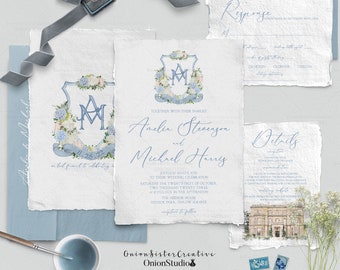 CUSTOM CREST, Monogram INVITATION, Custom Wedding Suite, Watercolor Invitation Set with Rsvp and Wedding Venue Monogram Invitation