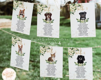 Custom Wedding Seating Chart Cards with Pets, Dogs Wedding Table Cards Table Numbers Printable, Wedding Guests Seating Arrangement Signs