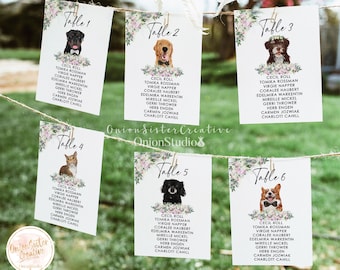 Dogs Wedding Seating Chart Cards with Pets, Custom Wedding Table Number Cards Printable, Peony Wedding Guestlist Seating Arrangement Signs