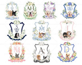 Custom Wedding Crest Monogram Logo with Pets, Watercolor Wedding Crest Digital Download, Wedding Floral Crest Invitation Initial Logo
